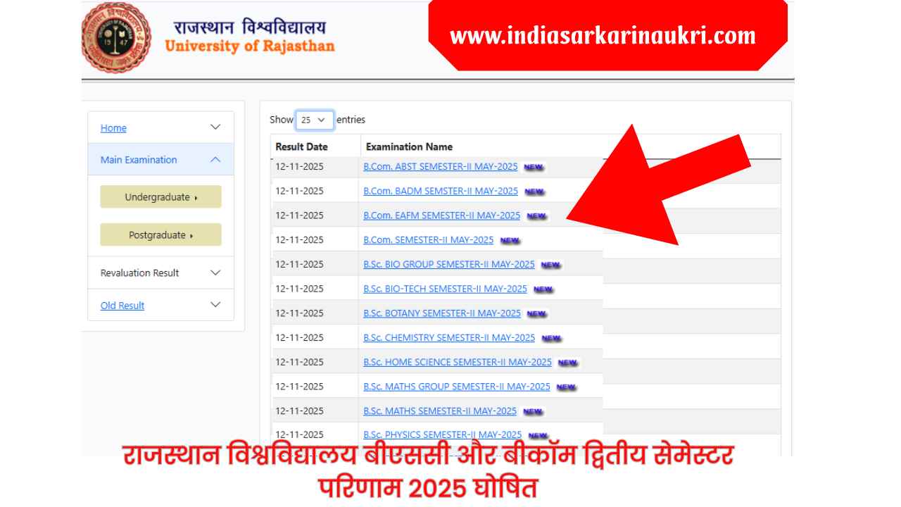 Rajasthan University B.Sc. and B.Com. 2nd Semester Result 2025 Declared